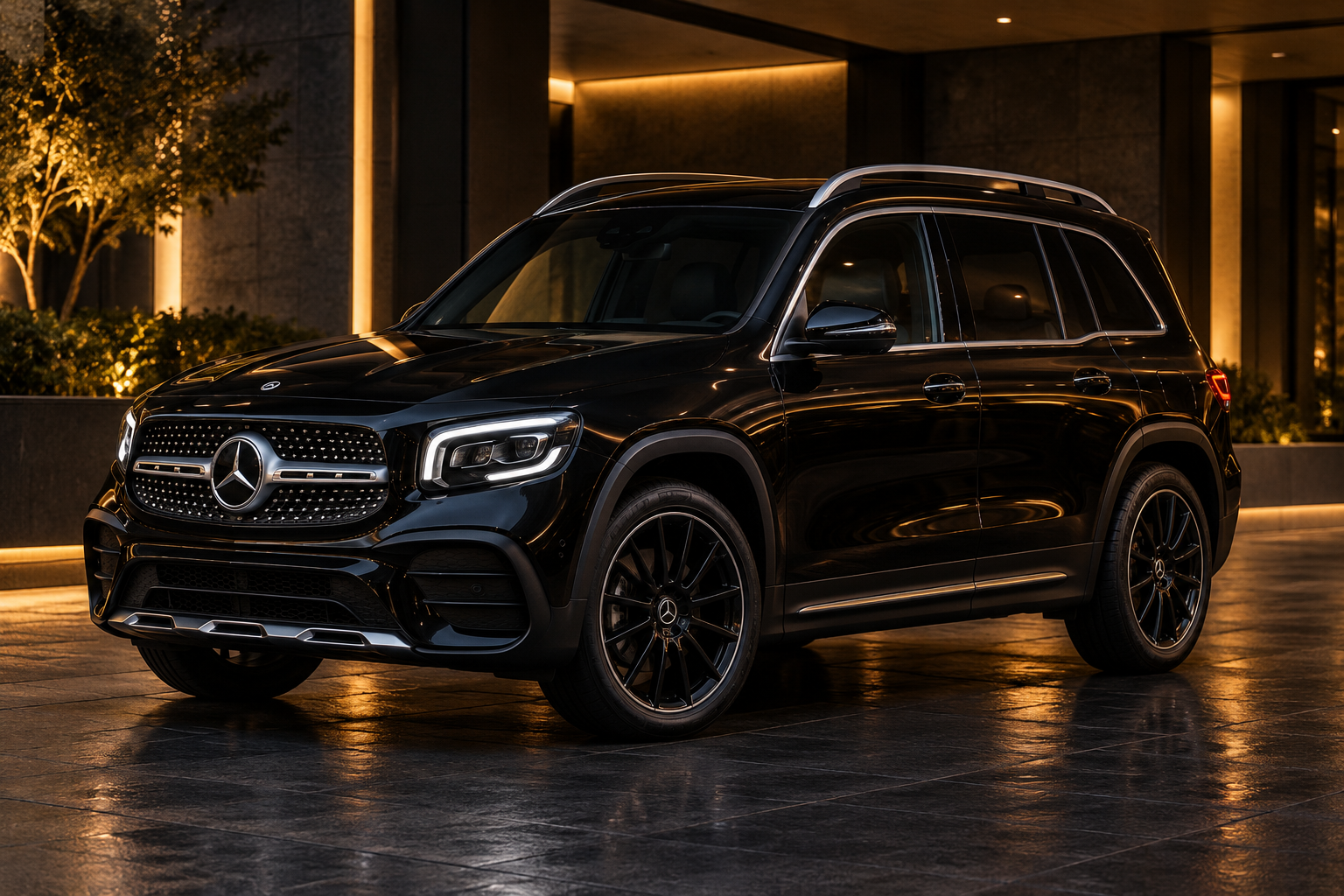 Black Mercedes-Benz GLB compact SUV in a nighttime setting