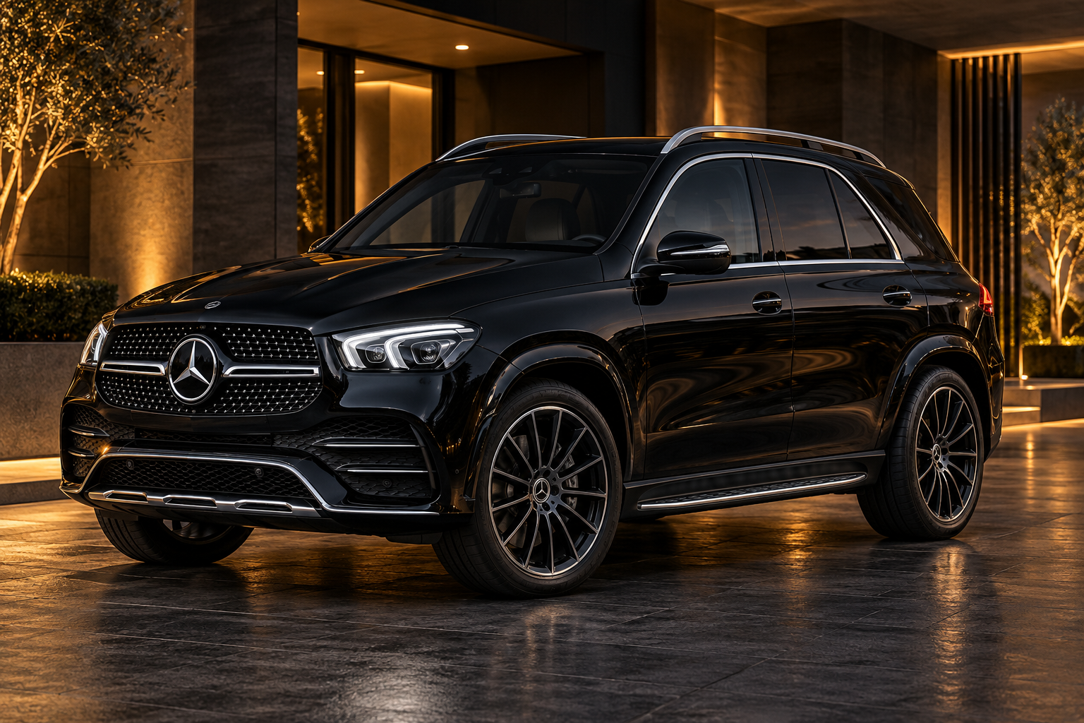 Black Mercedes-Benz GLE in a nighttime setting