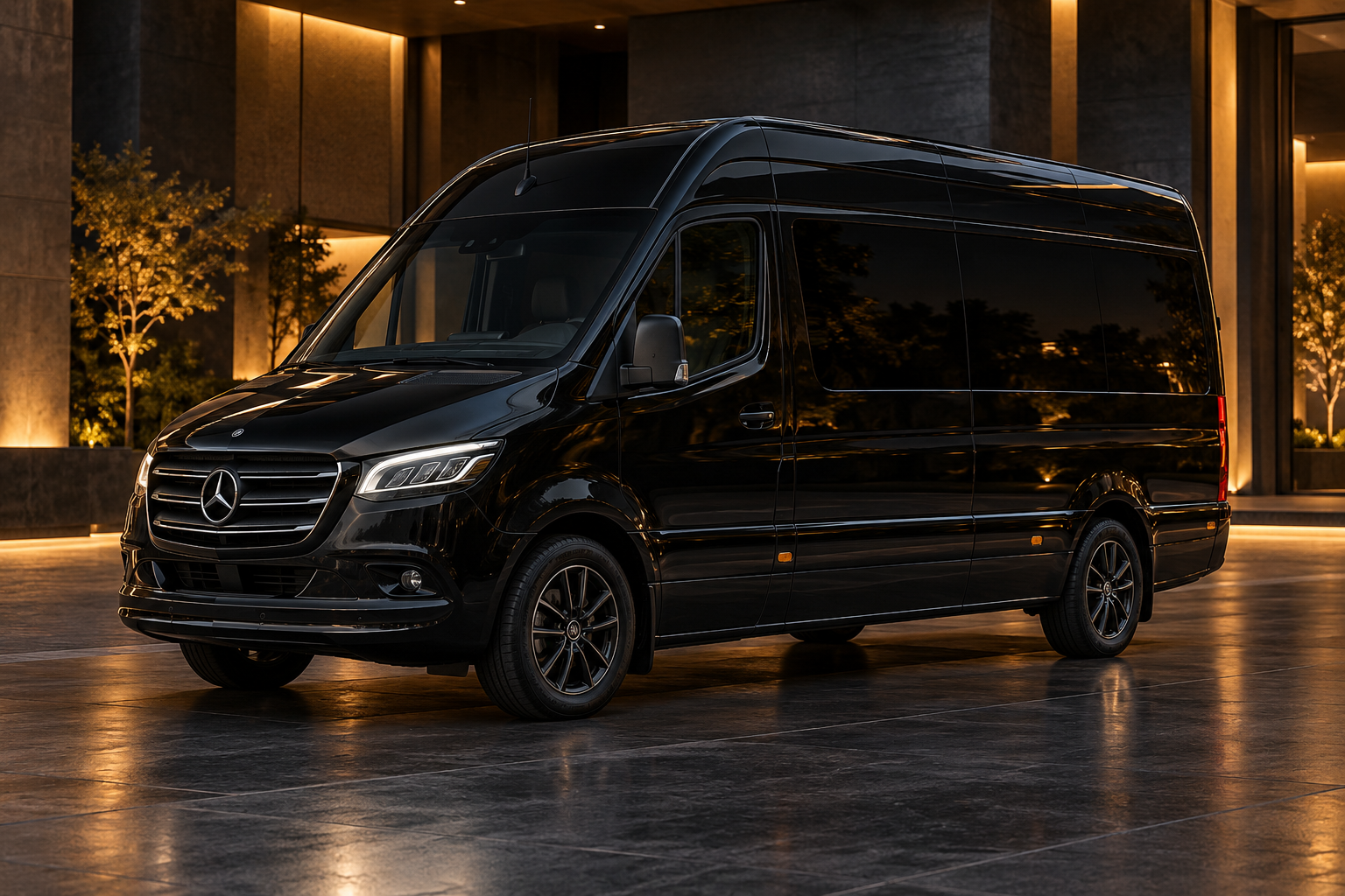Black Mercedes-Benz Sprinter passenger-van in a nighttime setting